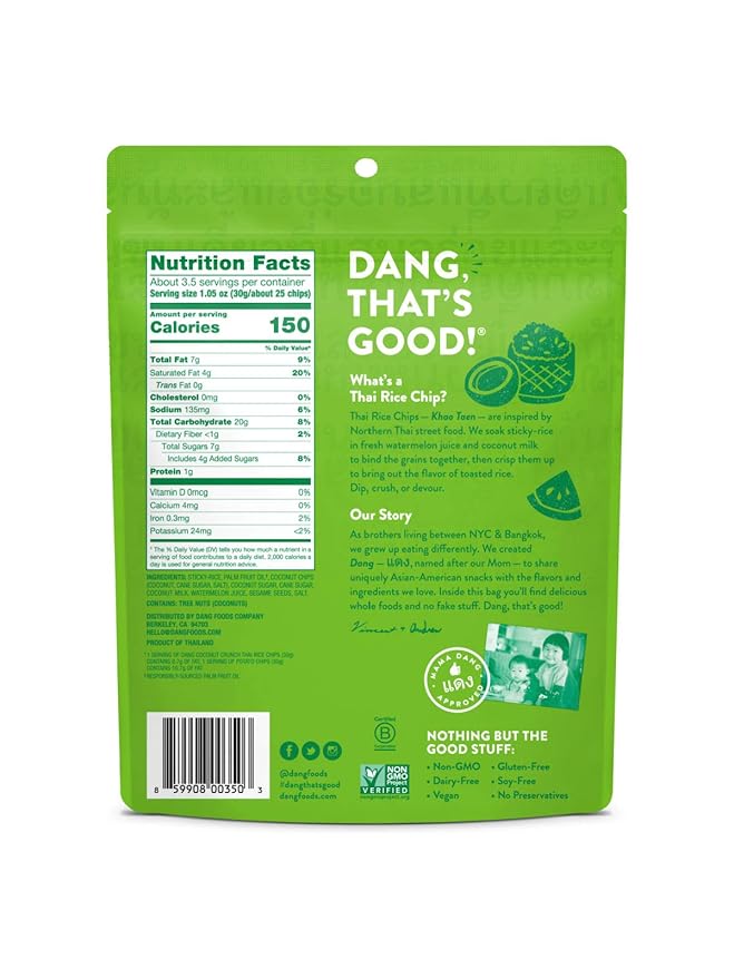 Dang Thai Rice Chips | Coconut Crunch | 4 Pack | Vegan, Gluten Free, Non Gmo Rice Crisps, Healthy Snacks Made with Whole Foods | 3.5 Oz Resealable Bags
