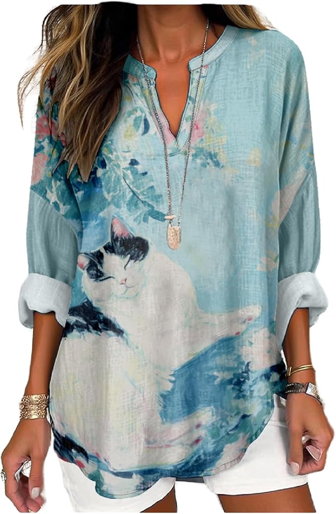 MARSVOVO Cat Shirts for Women Long Sleeve Cute Cat Pullover Graphic Novelty V Neck Blouse Oversized Funny Tunic Tops