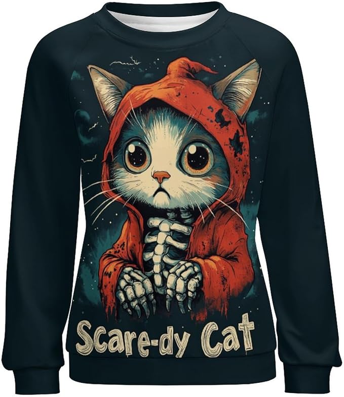 Halloween Sweatshirts for Women Black Cat Print Pullover Crewneck Oversized 2024 Fall Fashion Casual Warm Shirt