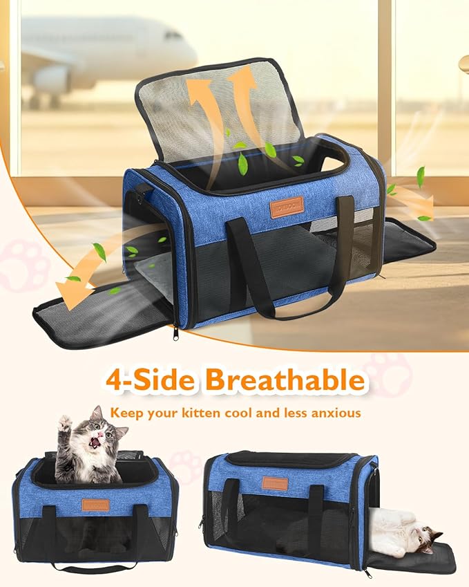 PETUX Airline Approved Cat Carrier or Small Cat up to 12 lb - 17"x11"x9.5", TSA, Underseat, Top & Side Entry, Soft Sided Pet Carrier with Breathable Anti-Scratch Mesh for Travel and Vet Visit - Blue
