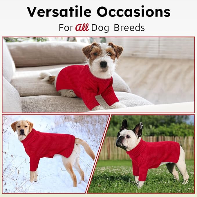 Queenmore Plaid Long Sleeve Knitted Dog Sweater with Check Pattern, Warm for Small Medium Dogs, Red