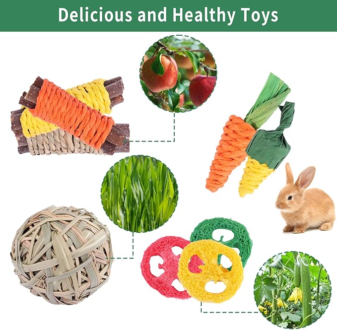 Rabbit Chew Toys 9PCS for Teeth Care,Cute Bunny Toys Natural Apple Wood Grass Toys Chewing and Treat for Guinea Pigs Hamster Chinchillas Hedgehog Small Animals (9PCS/Set)