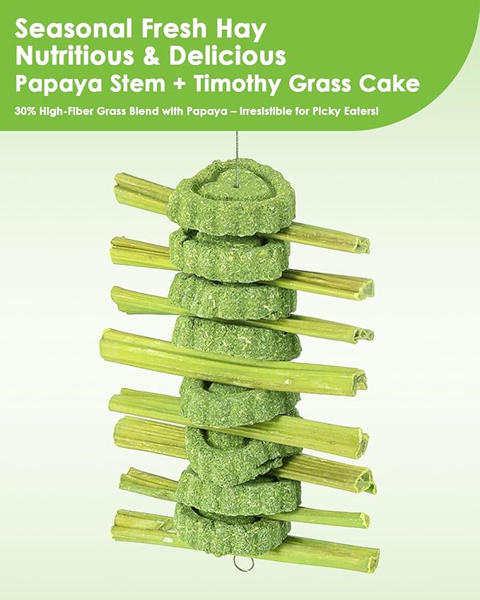 Rabbit Toys for Bunny Boredom, Hanging Rodent Dental Toy with Papaya Stems Sweet Bamboo Hamsters, Chinchillas, Guinea Pigs (Part A, 3Pcs)