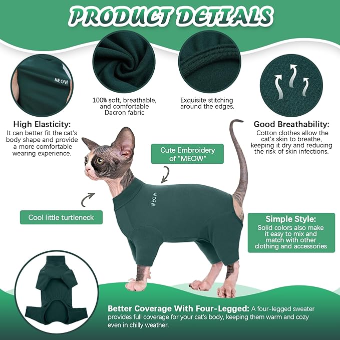 ROZKITCH Cat Coats for Cats Only, Breathable Soft Pet Jumpers for Hairless Cats Only, Coat with Four Legs, Warm Sweater T-Shirt Pajamas Jumpsuit Vest Cornish Rex Devon Rex Peterbald DarkGreen XS