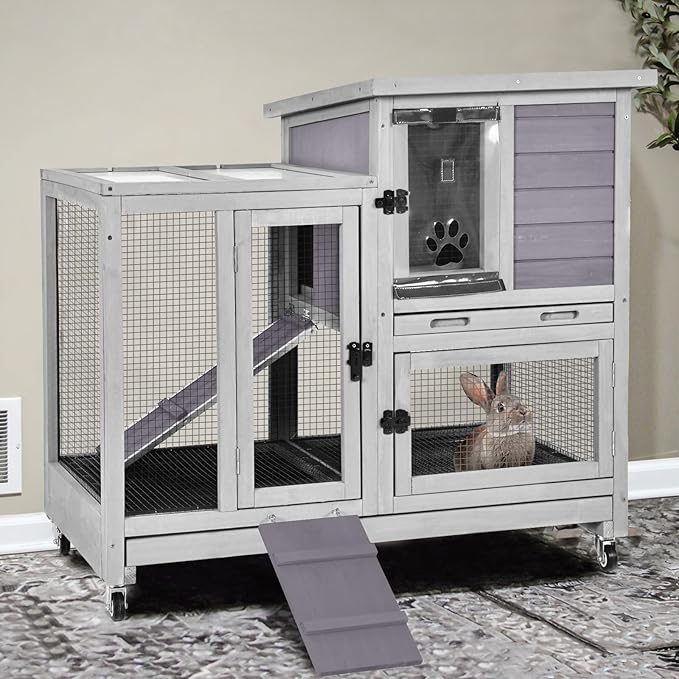 Gutinneen 2-Story Rabbit Hutch Indoor Wooden Bunny Cage with Removable Wire Mesh Floor, Chew-Proof Ramp, Lockable Wheels, Pull Out Trays for 1-2 Rabbit, Guinea Pig, 40.6" L x 26" W x 37.6" H