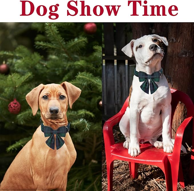Unique style paws Christmas Dog Collar with Bow Tie Green Plaid Puppy Collar for Small Medium Large Dogs as Autumn Winter Pet Gifts-XS