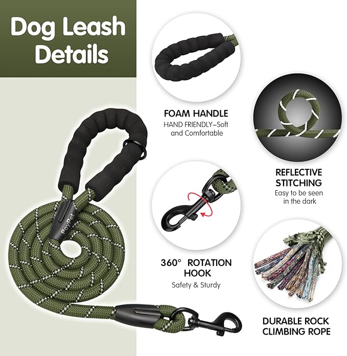 PoyPet No Pull Dog Harness and 5 Feet Leash Set, Release on Neck Reflective Adjustable Pet Vest, Front & Back 2 D-Ring and Soft Padded Pet Harness with Handle for Small to Large Dogs(Military Green,M)