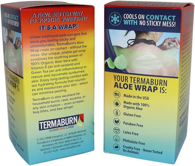 TermaBurn Aloe Wrap for Sunburn Relief – Hydro-Gel Aftersun Treatment with 100% pure aloe vera Gel | Second Skin aloevera gel for burns and peeling irritation | Great for Tattoo Aftercare and Sun Care