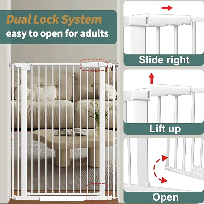 40.55" Tall 1.37" Ultra Narrow Spacing Dogs Pets Baby Gate for Doorway Hallway Safety Proof Indoor 61.61-69.48" Extra Wide Puppy Pressure Mounted No Drill Walk Through White Metal