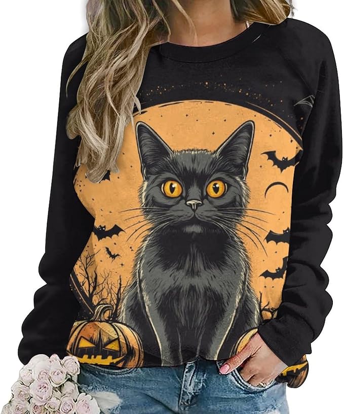 Halloween Sweatshirts for Women Black Cat Print Pullover Crewneck Oversized 2024 Fall Fashion Casual Warm Shirt