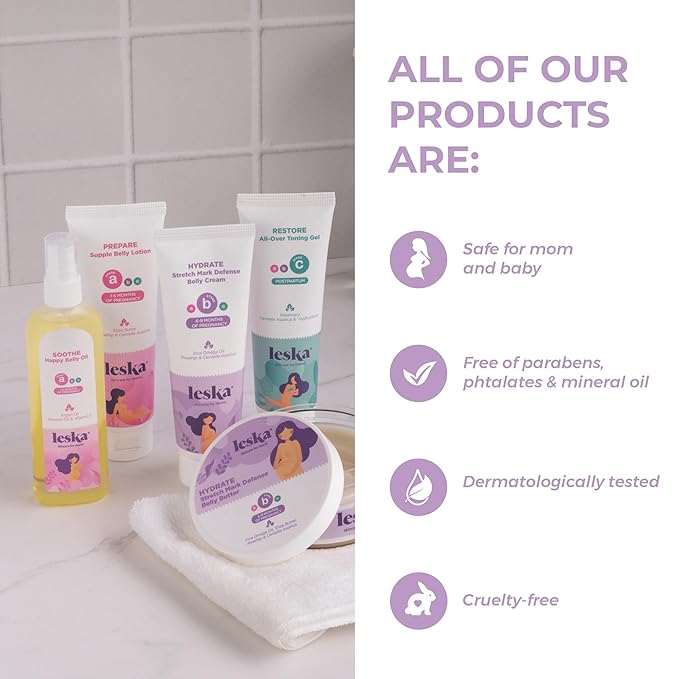 Leska Maternity Gift Set | Belly Lotion, Belly Oil, Stretch Mark Defense Cream & Belly Butter, Toning Gel | All-Stages Skincare for Pregnancy & Postpartum | New Mom Gifts (Set of 5, 4-4.93oz each)