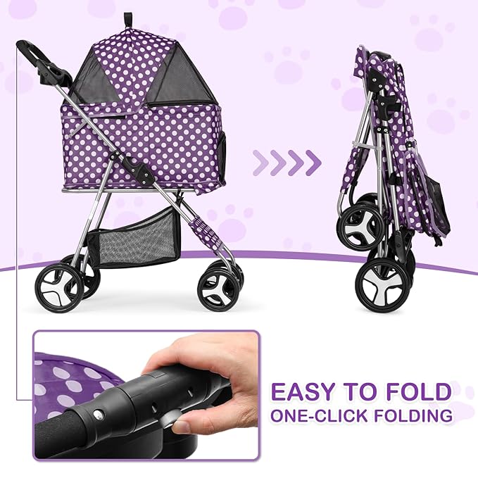 MoNiBloom 3 in 1 Foldable Pet Stroller for Small & Medium Dogs, Detachable Carrier, Car Seat, Push Button Entry, 4-Wheel Jogger for Pets up to 33 lbs, Purple Polka Dots