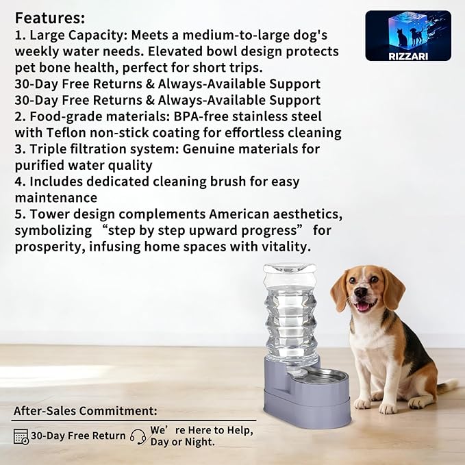 RIZZARI Large Water Dispenser for Dogs: 8L Gravity Gray Automatic Stainless Steel Waterer with Specialized Brush and Triple Filter - Raised Pet Feeder for Senior Dogs with Joint Pain in Bedroom Garden