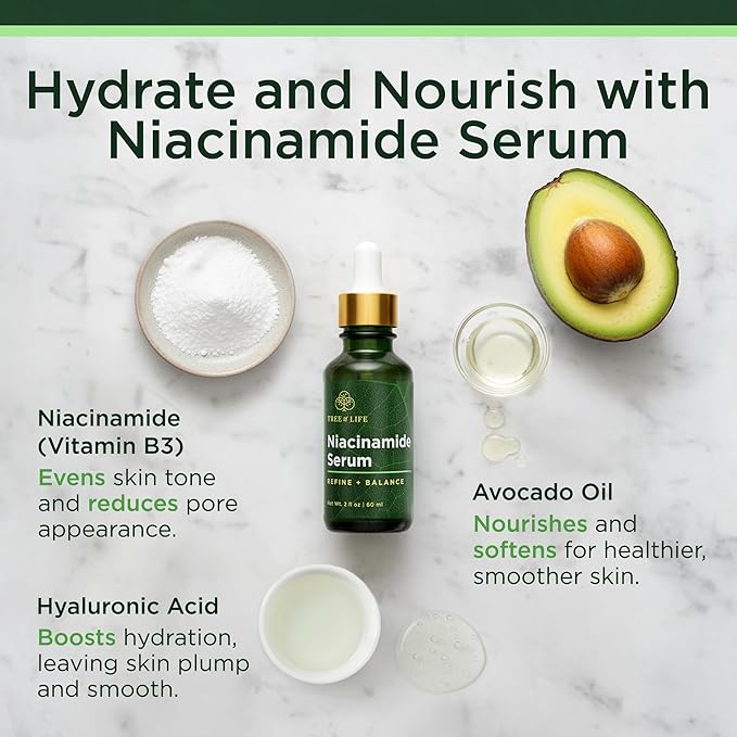 Tree of Life Beauty Niacinamide Vitamin B3 Serum, Hydrating Face Oil for Dark and Age Spots, Tightens Pores, Facial Serums for Sensitive Skin with Hyaluronic Acid and Vitamin E, 2 Fl Oz