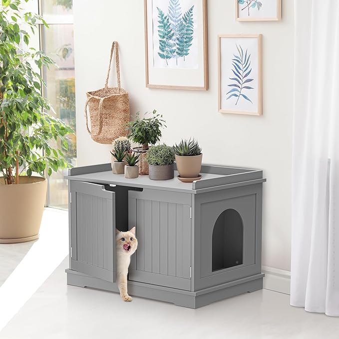 Cat Litter Box Enclosure Furniture Wooden w/Adjustable Divider, Indoor Cat House Storage Cabinet,End Table,for Large Cats, Grey
