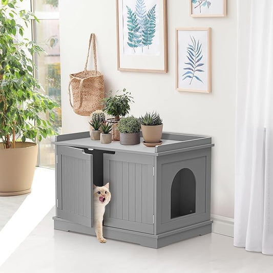 Cat Litter Box Enclosure Furniture Wooden w/Adjustable Divider, Indoor Cat House Storage Cabinet,End Table,for Large Cats, Grey