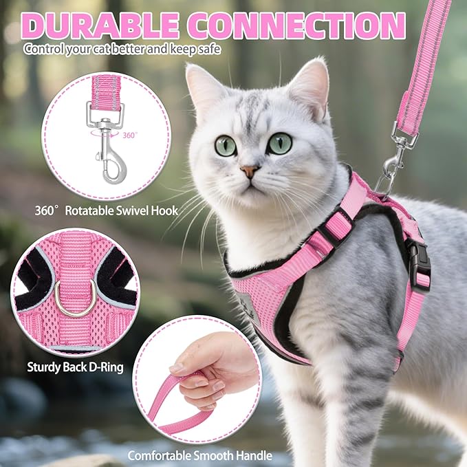 PUPTECK Cat Harness and Leash Set Escape Proof Reflective Cat Walking Harness Adjustable Soft Breathable Mesh Vest for Small Pets, Light Pink, M