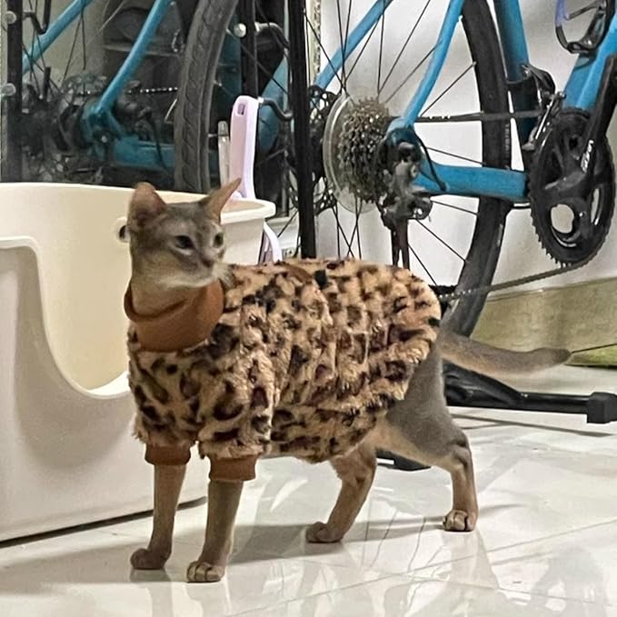 Cat Leopard Double-Sided Fleece Pullover, Soft Warm Clothes for Hairless Sphynx, Devon & All Indoor Kittens in Winter (Leopard,S)