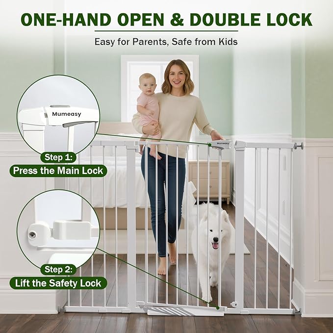 Mumeasy 36" Extra Tall Baby Gate for Doorways, 29.7"-57" Extra Wide Dog Gate for Stairs, Pressure Mounted Auto Close Pet Safety Gate with Easy Walk Thru Door, Large Indoor Child Gate for House, White