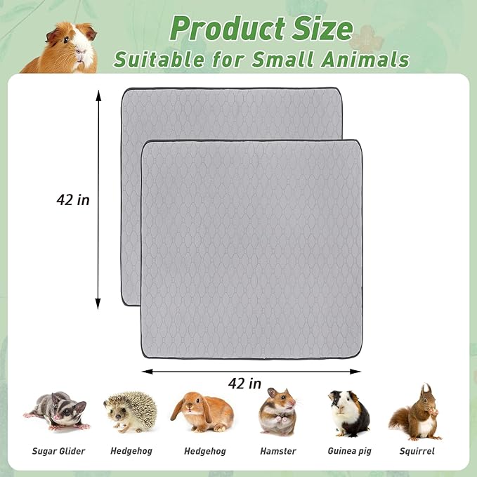 2Pack Guinea Pig Cage Liners, 42''X42'' Washable Guinea Pig Pee Pads, Non Slip Reusable Super Absorbent Guinea Pig Training Mat Bedding Fleece for Small Animals Hamster Rabbit Chinchilla Rat