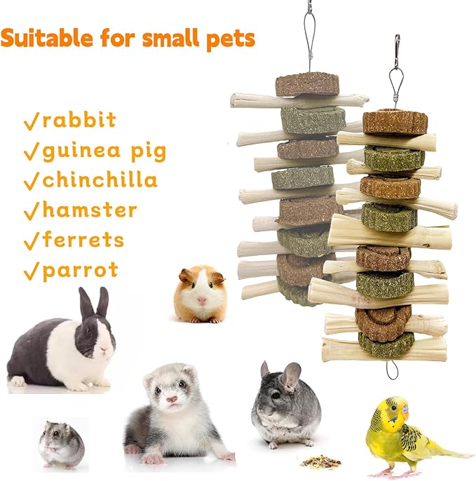3Pcs Bunny Chew Toys for Teeth Bunny Hanging Grinding Cake Natural Sweet Bamboo Sticks Timothy Alfalfa Hay & Carrot Cake for Rabbit Guinea Pig Chinchilla Gerbil Improve Dental Health