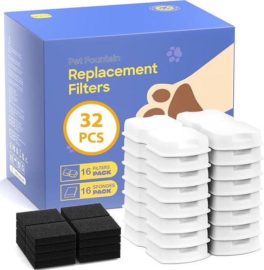 GIOTOHUN Pet Fountain Filter Replacement: 32 Cat Water Fountains Filter -16 Carbon Filters & 16 Foam Filters - Suitable for GIOTOHUN Stainless Steel Cat Fountain S11
