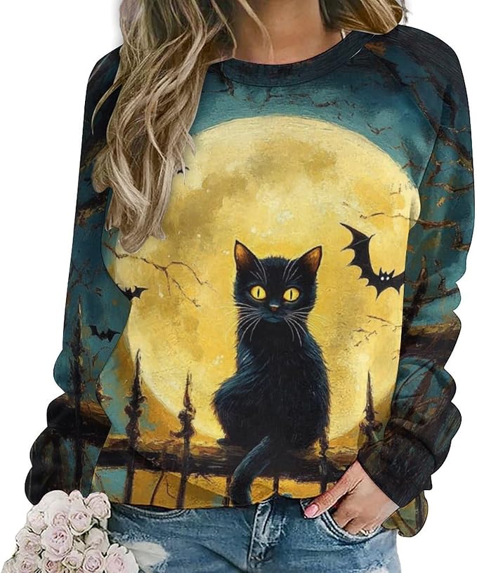 Halloween Sweatshirts for Women Black Cat Print Pullover Crewneck Oversized 2024 Fall Fashion Casual Warm Shirt