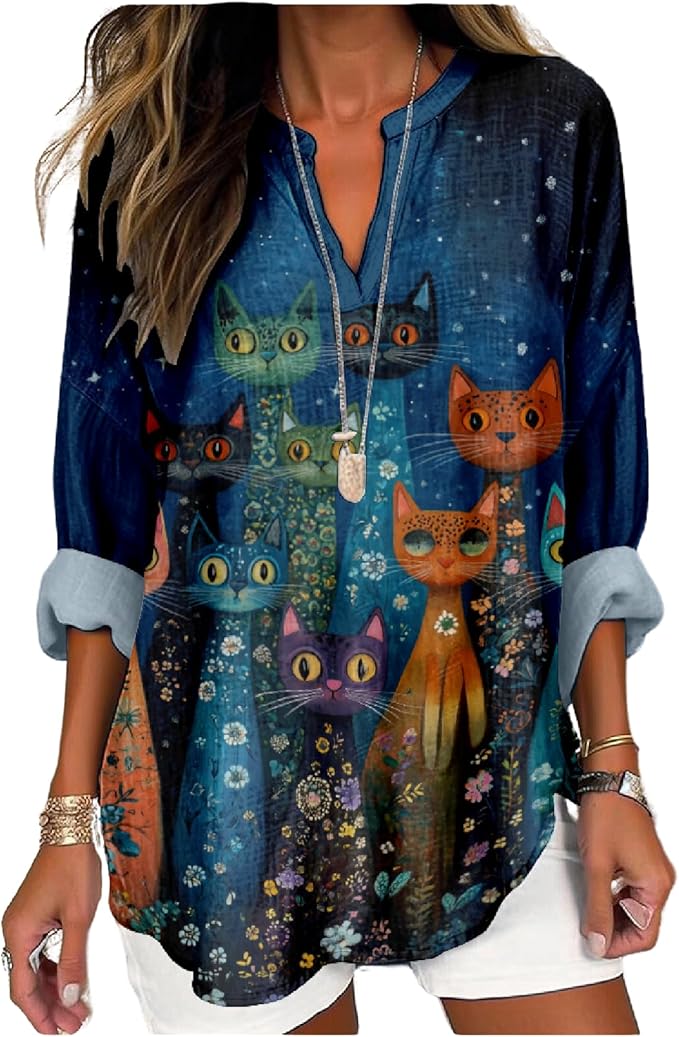 MARSVOVO Cat Shirts for Women Long Sleeve Cute Cat Pullover Graphic Novelty V Neck Blouse Oversized Funny Tunic Tops