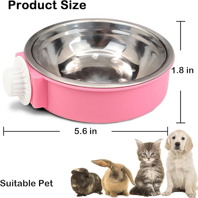 2 Pcs Crate Dog Bowl, Removable Stainless Steel Hanging Pet Food Water Feeder Pet Kennel Cage Bowl for Puppy Cat Rabbit Ferret Guinea Pig (Pink&Blue)