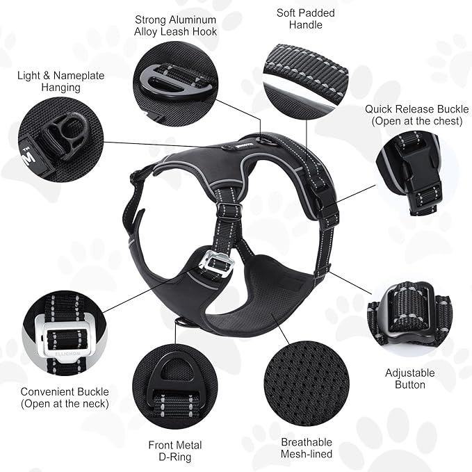 No Pull Dog Harness with 3 Snap Buckles,No Choke Front Lead pet Harness Reflective and Adjustable Soft Padded Vest for Small Medium Large Dog (Black, Large)