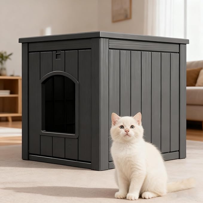 KAMABOKO Outdoor Cat House, Weatherproof Plastic Cat Shelter for Indoor & Outdoor, Durable All-Season Pet House for Feral, Stray & Domestic Cats, Black