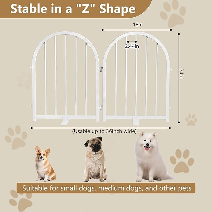 Full Metal Dog Gate for Indoor Outdoor, 24" Tall Free Standing Pet Dog Fence, 36" Wide Arched Pet Gates for Stairs, Hallways, Doorways, Kitchen, Decks, Yards (White, 2 Panels)