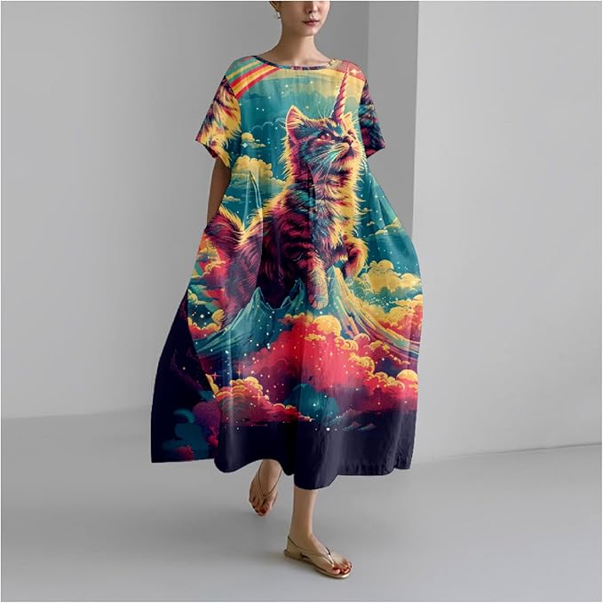 MARSVOVO Summer Dress for Women Funny Cat Graphic Cute Short Sleeve Maxi Dress Causal Plus Size Party Dress for Women