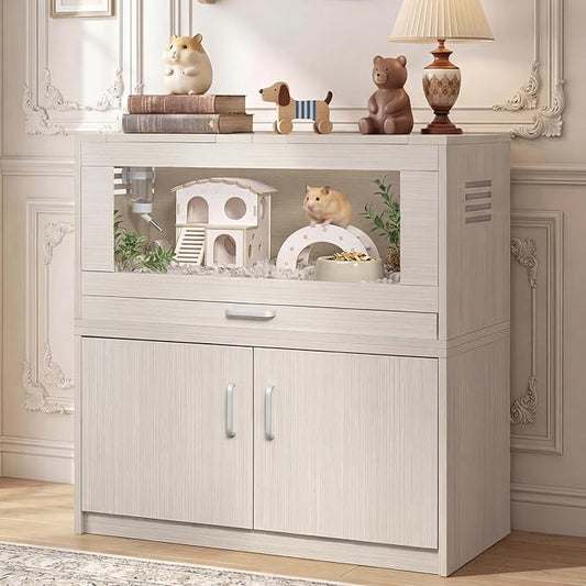 Hamster Cage with Storage Cabinet Detachable, Large Wooden Small Animal Habitat with Easy-Clean Drawer & Acrylic Panels for Guinea Pig, Rabbit, Hedgehog, Chinchilla, Beige