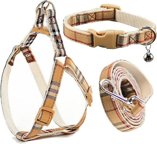 Cute Plaid Dog Collar Harness and Leash with Safety Buckle - Adjustable and No Pull Comfortable Dog Collars for Small Puppy, Stylish Durable Gift for Boy Girl Pets