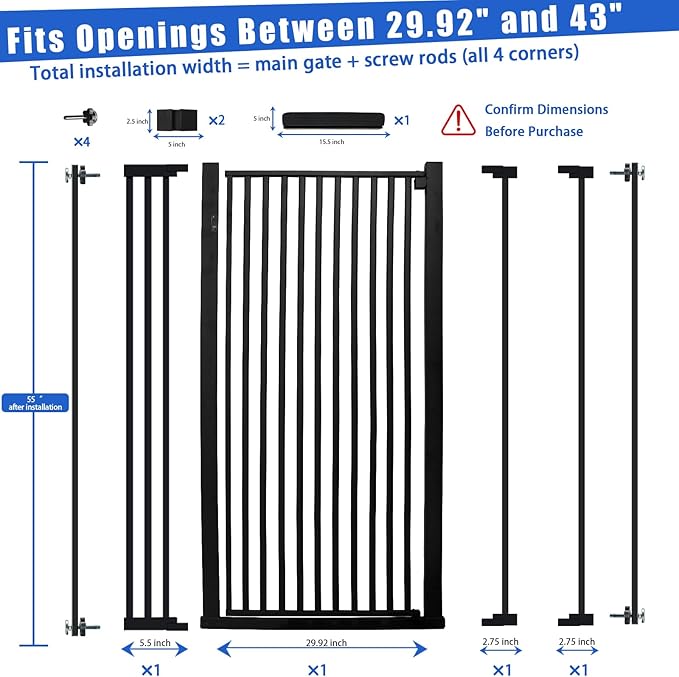 55 Inch Extra Tall Pet Gate for Cats,29.92"-43" Adjustable Wide Dog Gates,Pressure Mounted Walk Through Tall Pets Gate for Doorways,Hallway,Stairs(Black)