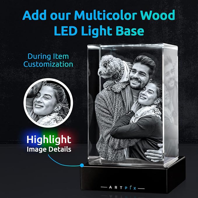 ArtPix 3D Crystal Photo, Christmas Personalized Gifts for Women, Wife, Her, Him, Men, Husband, Grandma, Great Xmas Customized Gift with Your Own Photo, Custom Glass 3D Laser Etched Picture Wedding