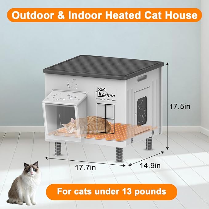 Indestructible Heated Cat House for Outside Cats Winter,Weatherproof & Insulated & Elevated Feral Cat House with Escape Door, Outdoor Indoor Cat Shelter for Stray Barn Cat 17.7×14.9×17.5