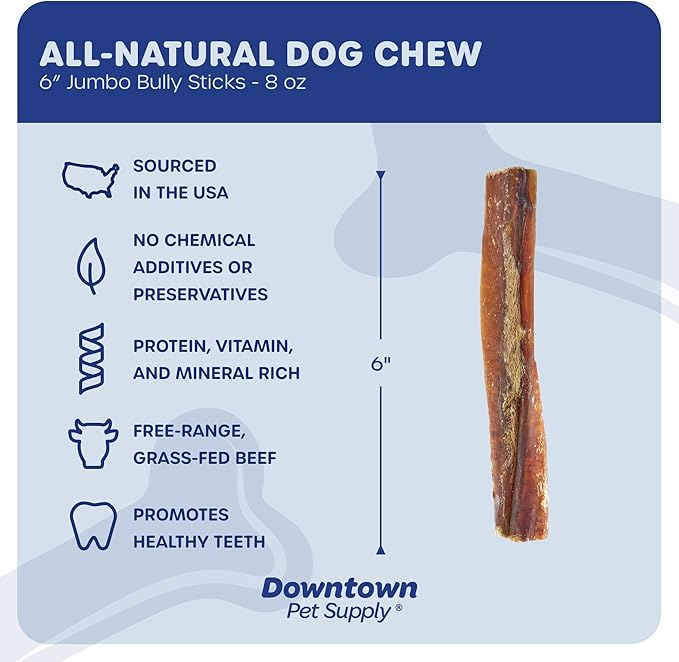 Downtown Pet Supply USA-Made 6", 8 Oz. Jumbo Bully Sticks for Large Dogs - Rawhide Free Dog Chews Long Lasting and Non-Splintering - Single Ingredient, Low Odor Bully Sticks for Medium Dogs