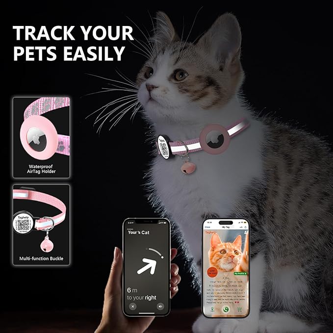 Smart Cat Collar Breakaway with QR Code & AirTag Holder, 2 Pack Reflective Kitten Collars with Safety Buckle - Dual Lost Pet Prevention, Online ID & Apple Tracking, Pink Pet Supplies Gifts