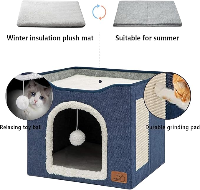 Cat Houses for Indoor Cats - Large Cat Bed Cave with Scratch Pad and Fluffy Ball, Foldable Cat Condo Hideaway with Reversible Cushion for Multi Small Pet (Blue, Single)