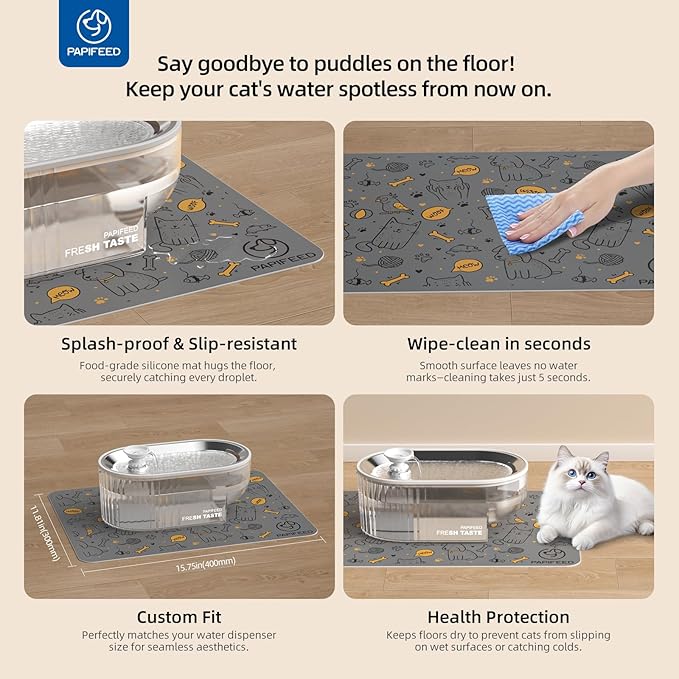 PAPIFEED Cat Water Fountain+ Stainless Steel Tray + 1 Silicone Mat+5 Filters+2 Sponges, 84 oz/2.5L Automatic Pet Drinking Fountain, Ultra Quiet Pet Fountain with Stainless Steel Tray, Easy to Clean