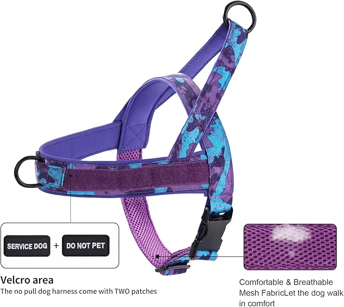 Annchwool No Pull Dog Harness,Heavy Duty Collar & Leash Set-Leash with Double Handle & Car Seatbelt Clip-Easy Control for Walking Training Medium Large Size Dogs(Camo Purple,XL)