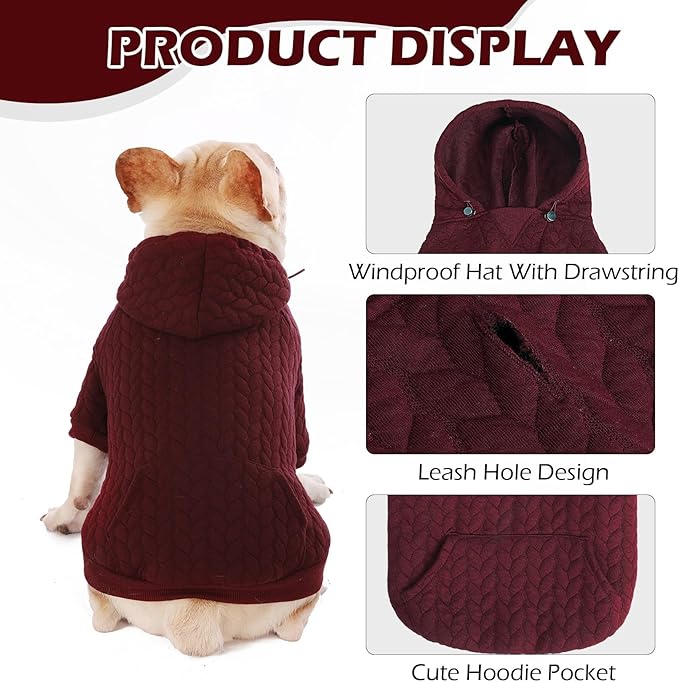 EXPAWLORER Textured Cable Knit Basic Dog Hoodie, Elevated Style Dog Sweater with Leash Hole and Pocket, Soft and Warm Pet Winter Coat, Cold Weather Clothes for Small Medium Large Dogs Cats,Wine Red XS