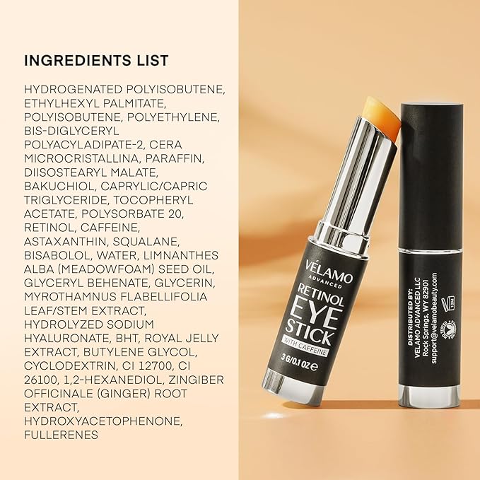 VELAMO ADVANCED Retinol Eye Stick: Retinol Eye Cream for Dark Circles and Puffiness with 1% Bakuchiol and Caffeine - Visibly Reduces Fine Lines Wrinkles Under Eye Bags with Upgraded Formula 0.1 OZ/3g