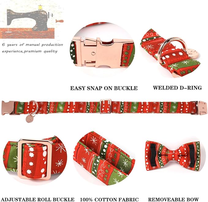 DOGWONG Christmas Dog Collar Bow Adjustable Girl Boy Red Strip Dog Collar Bow Tie Cute Christmas Red Dog Collar for Small Medium Large Dogs
