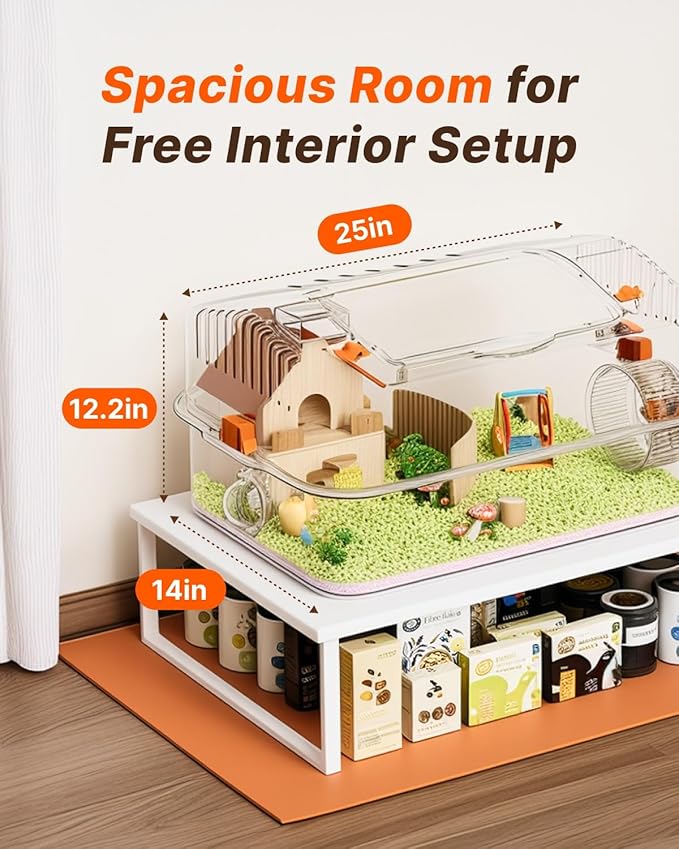 Large PET Hamster Cage with Built-in Platform & Hideout, 25"x14"x12.2" Transparent Hamster House for Dwarf, Syrian Hamsters, or Gerbils – Easy to Clean, Ventilated, Anti-Escape Design