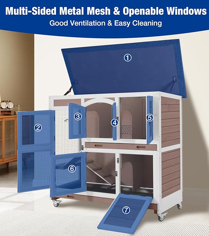 2-Story Rabbit Hutch with Wheels, Bunny Cage with Two Deepened Leak-Proof Trays, Indoor Outdoor Guinea Pig Cage with Waterproof Asphalt Roof - Brown
