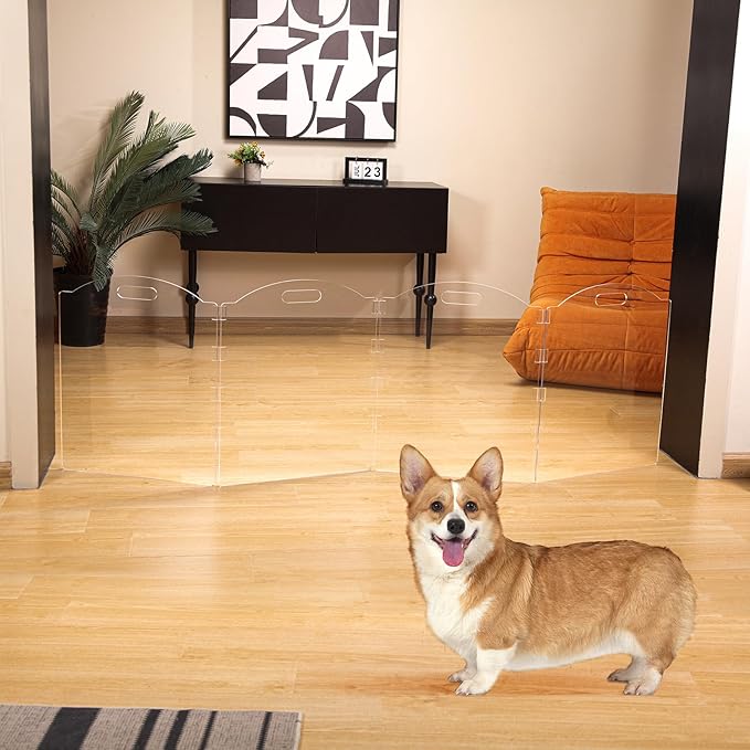 Clear Acrylic Freestanding Dog Gates for The House – Folding 4-Panel Pet Gates for Doorways, Stairs, and Rooms, Transparent Indoor Barrier for Dogs, Puppies, and Cats
