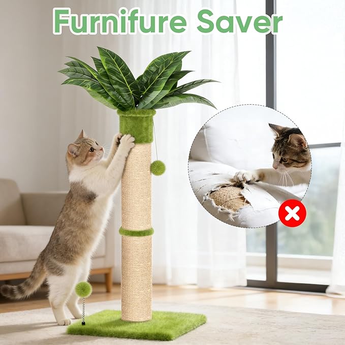 XiaZ Cat Scratching Post 34'' Tall, Cat Scratchers Tree Tower for Indoor Kitty with Extra Wide 15.8" Stable Base and 2 Toy Balls, Natural Sisal & Plush Fabric for Small, Medium Cats (Green, 2.8in)